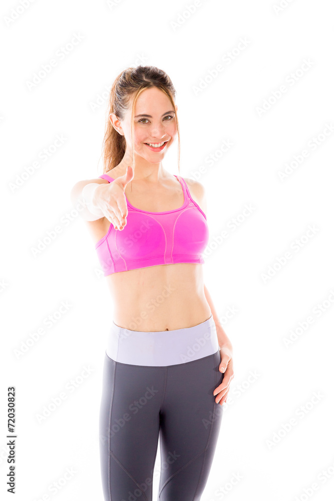 model isolated on plain background greetings hand shake model isolated on plain background greetings hand shake