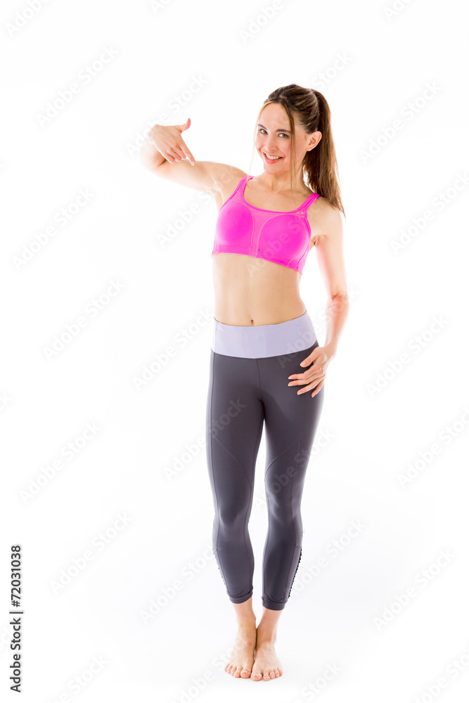 model isolated on plain background pointing to herself model isolated on plain background pointing to herself