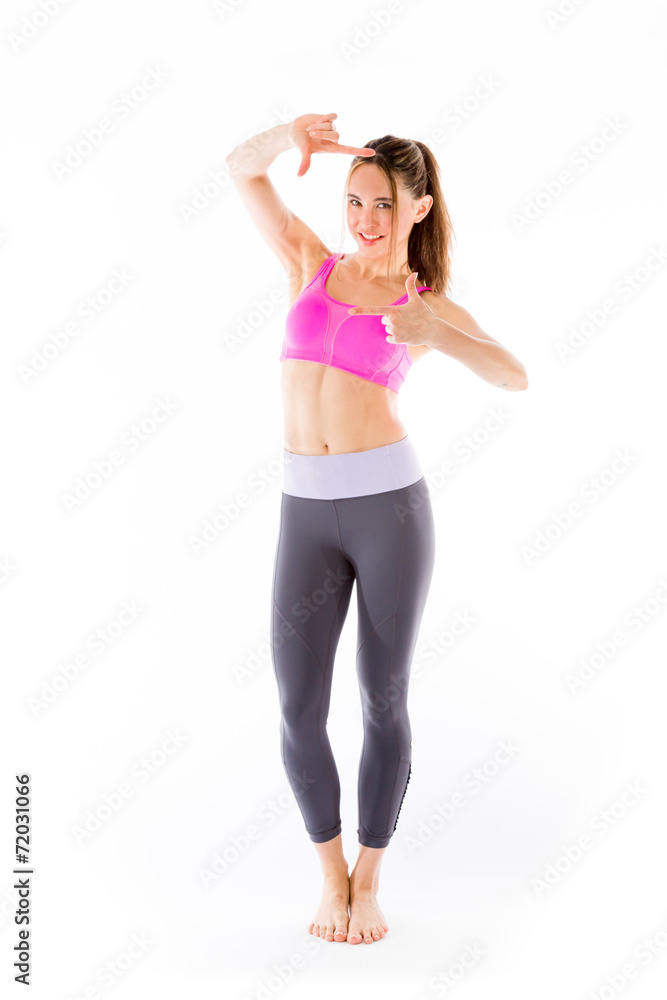 model isolated on plain background hand gesture framing focusing