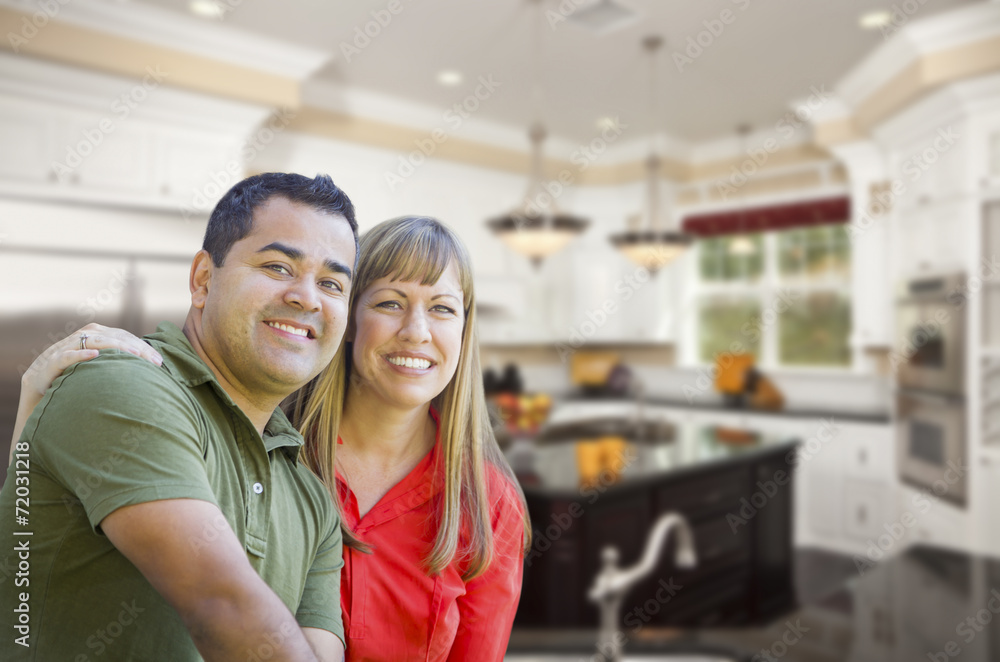 Mixed Race Couple Inside Beautiful Custom Kitchen Mixed Race Couple Inside Beautiful Custom Kitchen