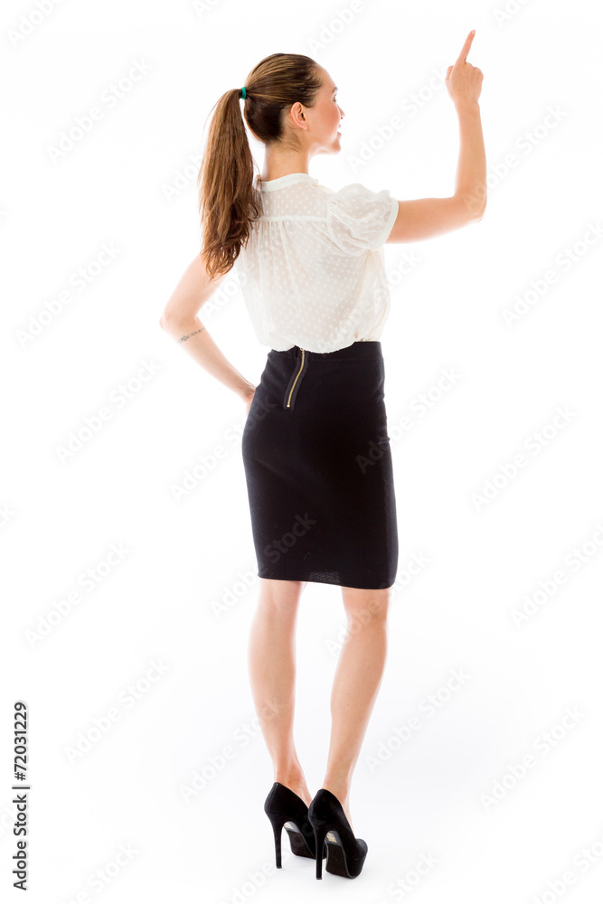 model isolated on plain background back pointing