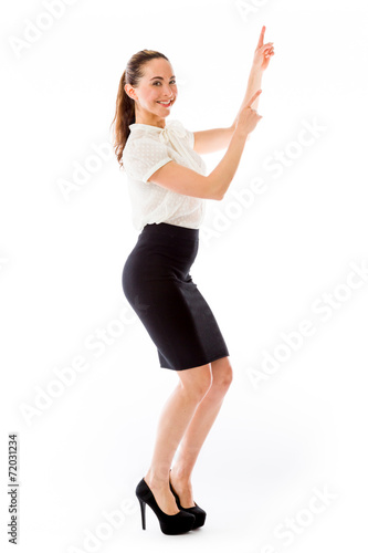 model isolated on plain background looking at camera pointing