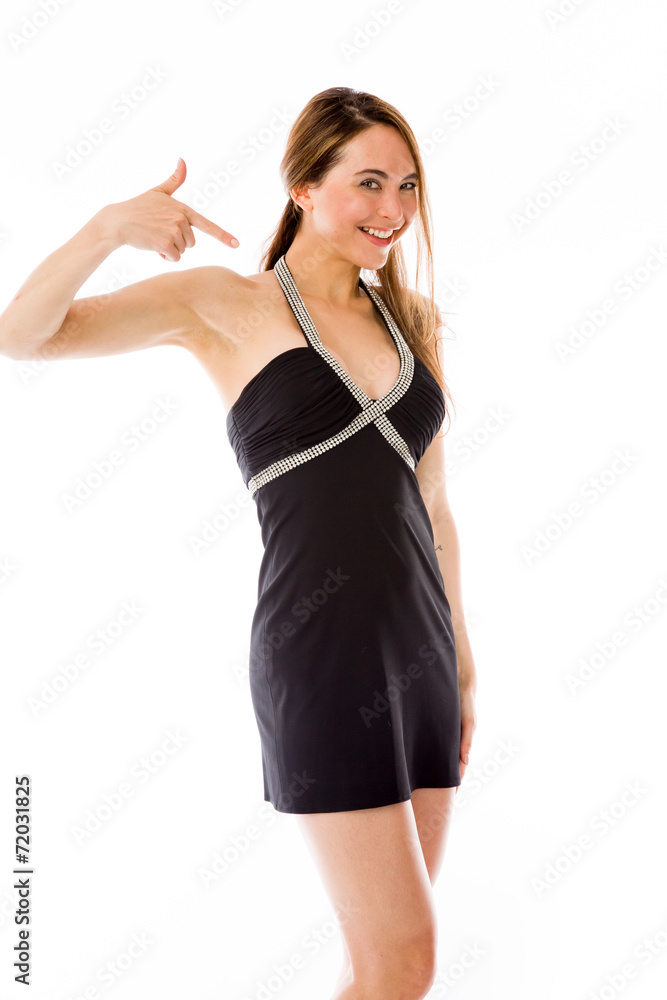 model isolated on plain background pointing to herself model isolated on plain background pointing to herself