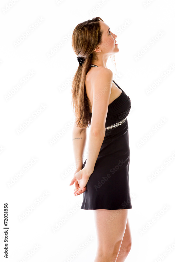 model isolated on plain background back looking behind model isolated on plain background back looking behind