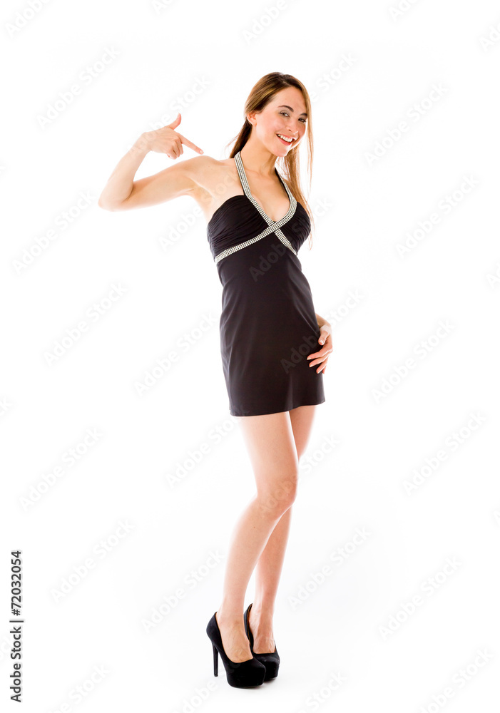 model isolated on plain background pointing to herself model isolated on plain background pointing to herself
