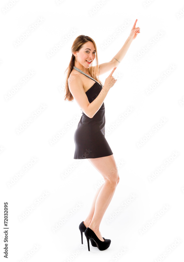 model isolated on plain background looking at camera pointing model isolated on plain background looking at camera pointing