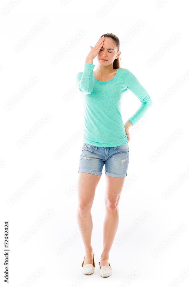 model isolated on plain background confused headache model isolated on plain background confused headache