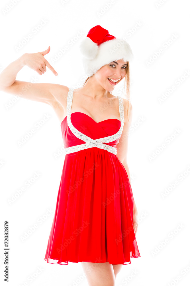 model isolated on plain background pointing to herself model isolated on plain background pointing to herself