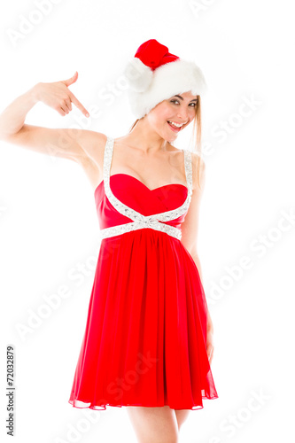 model isolated on plain background pointing to herself