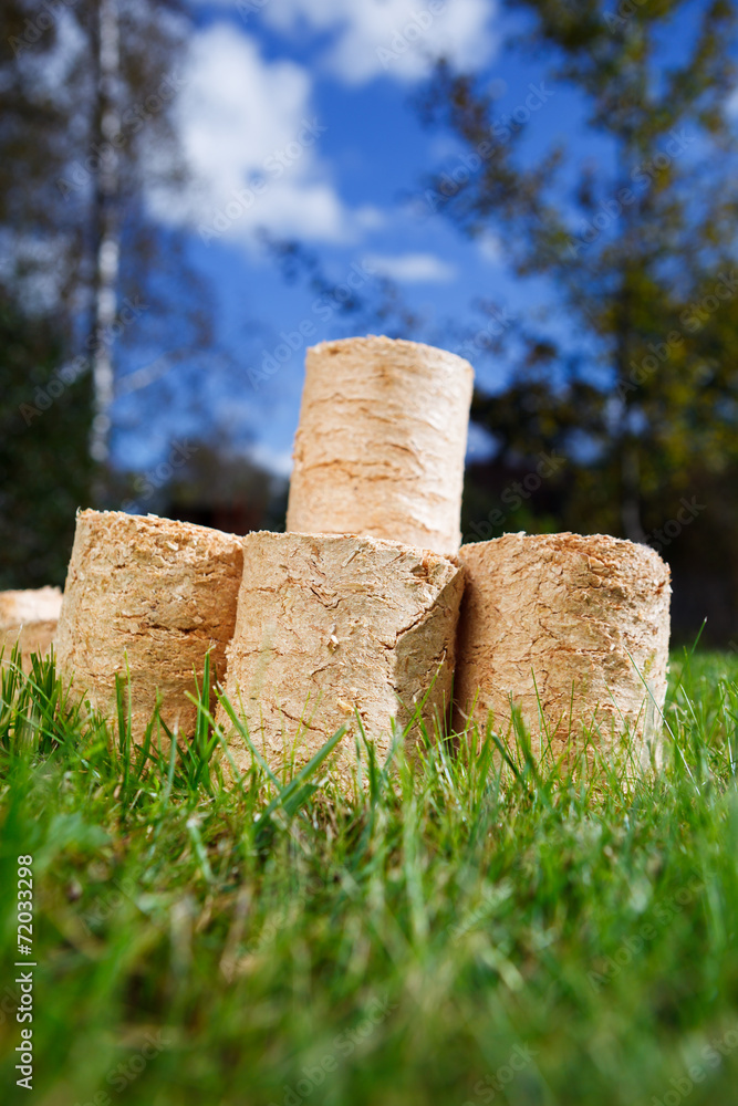 wooden pellets on green grass background wooden pellets on green grass background