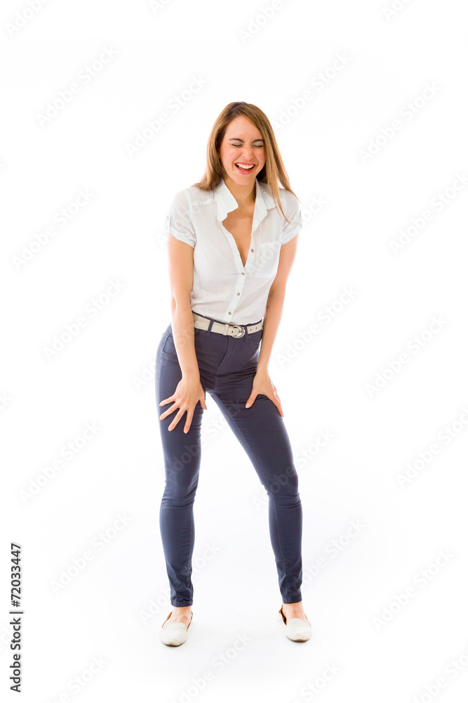 model isolated on white funny laughing model isolated on white funny laughing