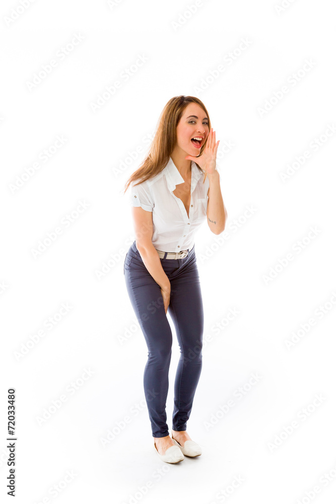 model isolated on plain background calling shouting model isolated on plain background calling shouting
