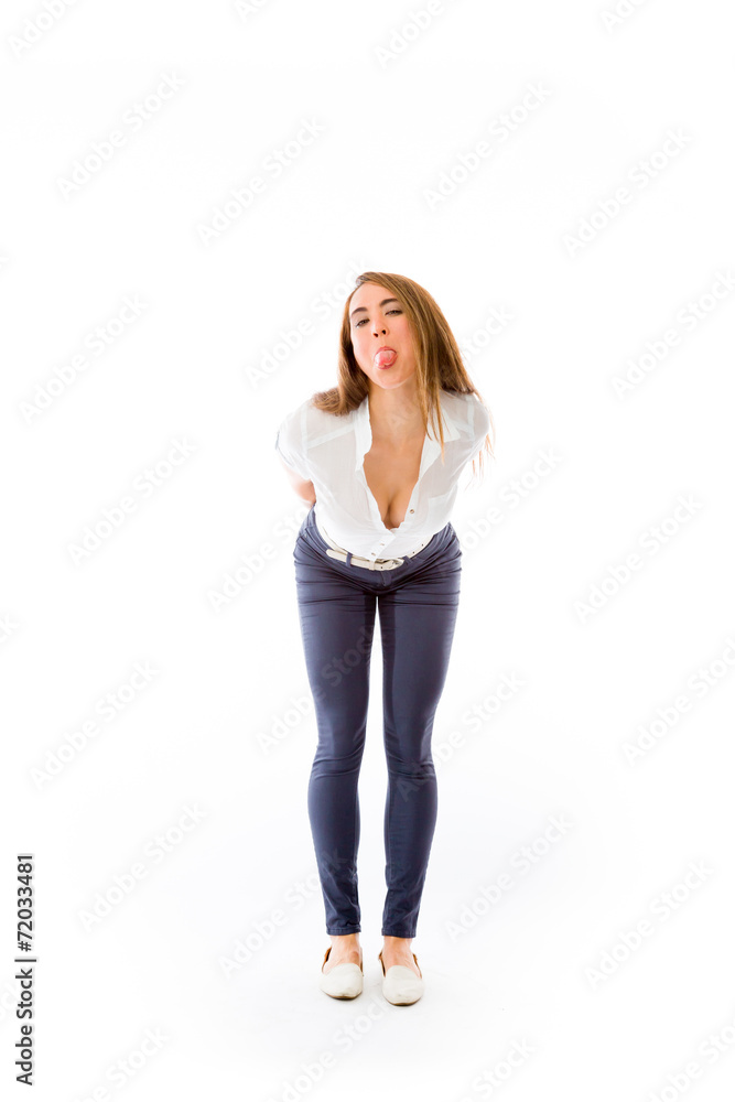 model isolated on plain background face sticking tongue out model isolated on plain background face sticking tongue out
