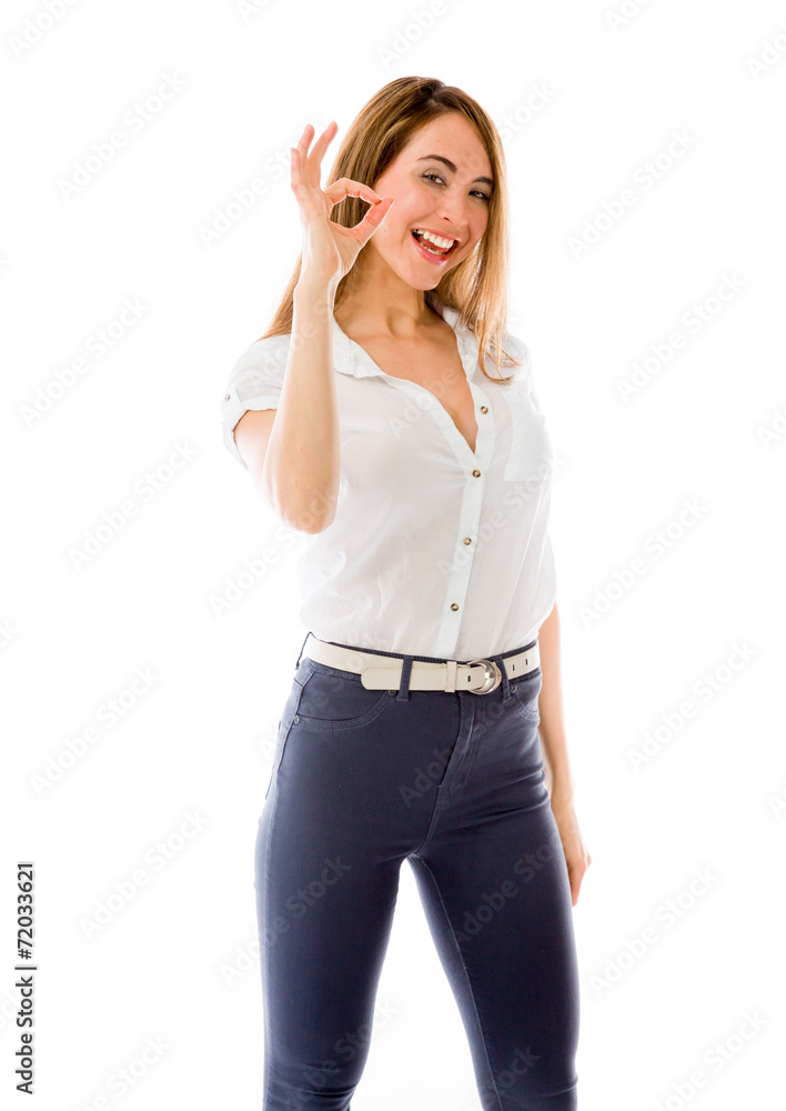 model isolated on plain background hand gesture ok sign