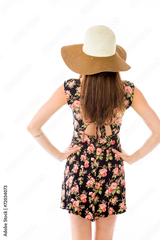model isolated on plain background back hands on hips model isolated on plain background back hands on hips