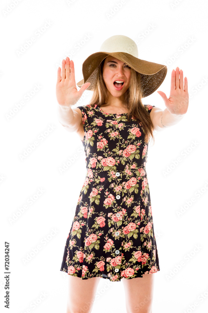 model isolated on plain background stop sign with hands model isolated on plain background stop sign with hands
