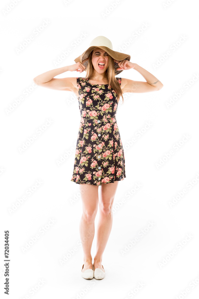 model isolated on plain background plugging ears with fingers model isolated on plain background plugging ears with fingers