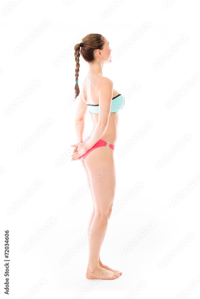 model isolated on plain background back looking behind