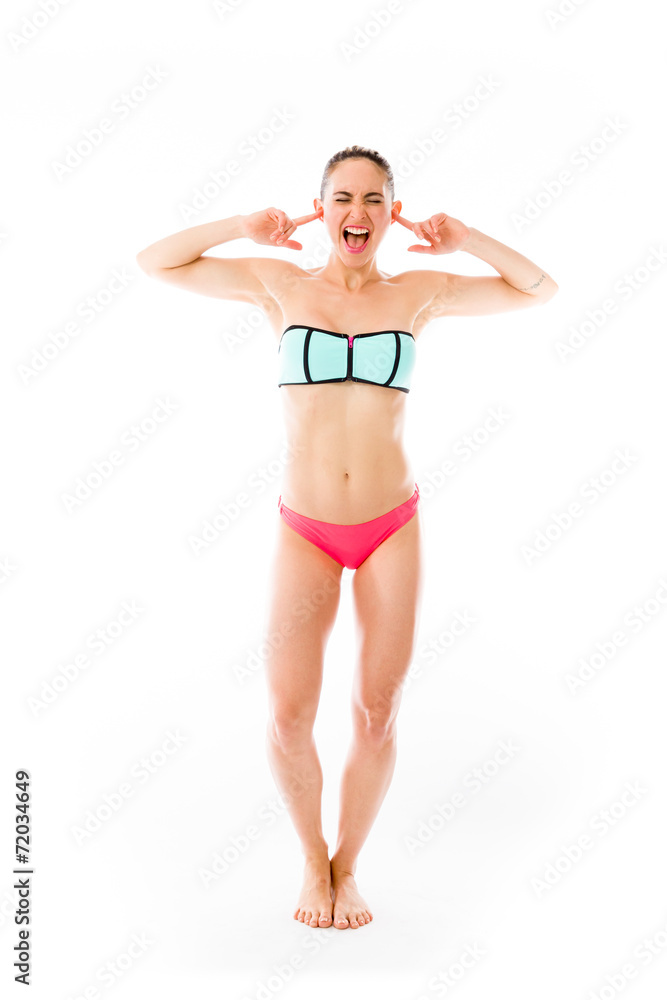 model isolated on plain background plugging ears with fingers model isolated on plain background plugging ears with fingers