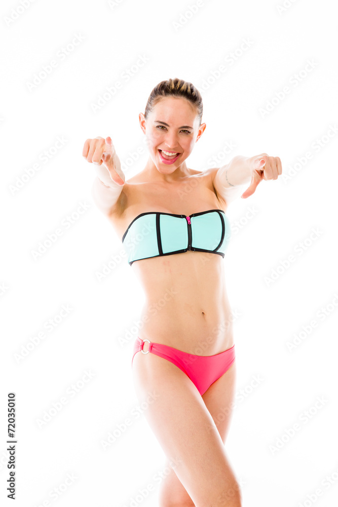 model isolated on plain background fingers pointing to camera model isolated on plain background fingers pointing to camera