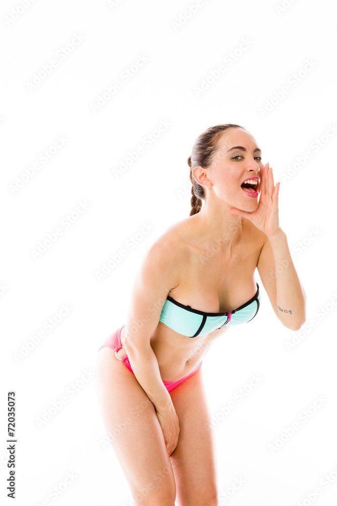 Fototapeta premium model isolated on plain background calling shouting