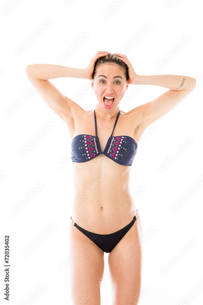 model isolated on plain background stressed upset pulling hairs model isolated on plain background stressed upset pulling hairs
