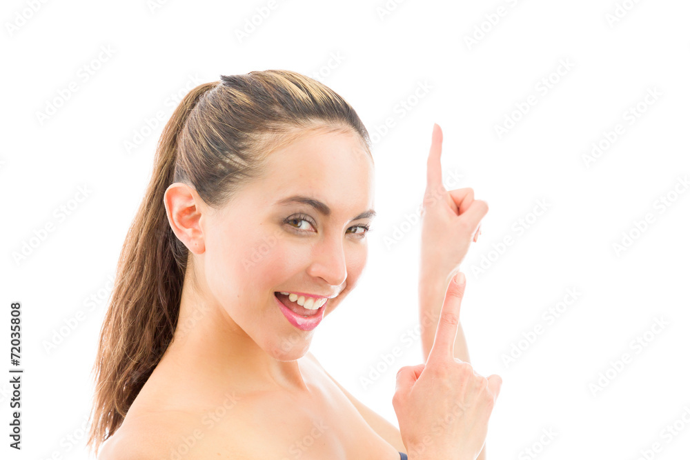 model isolated on plain background looking at camera pointing