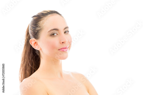 model isolated on plain background happy smiling arms crossed