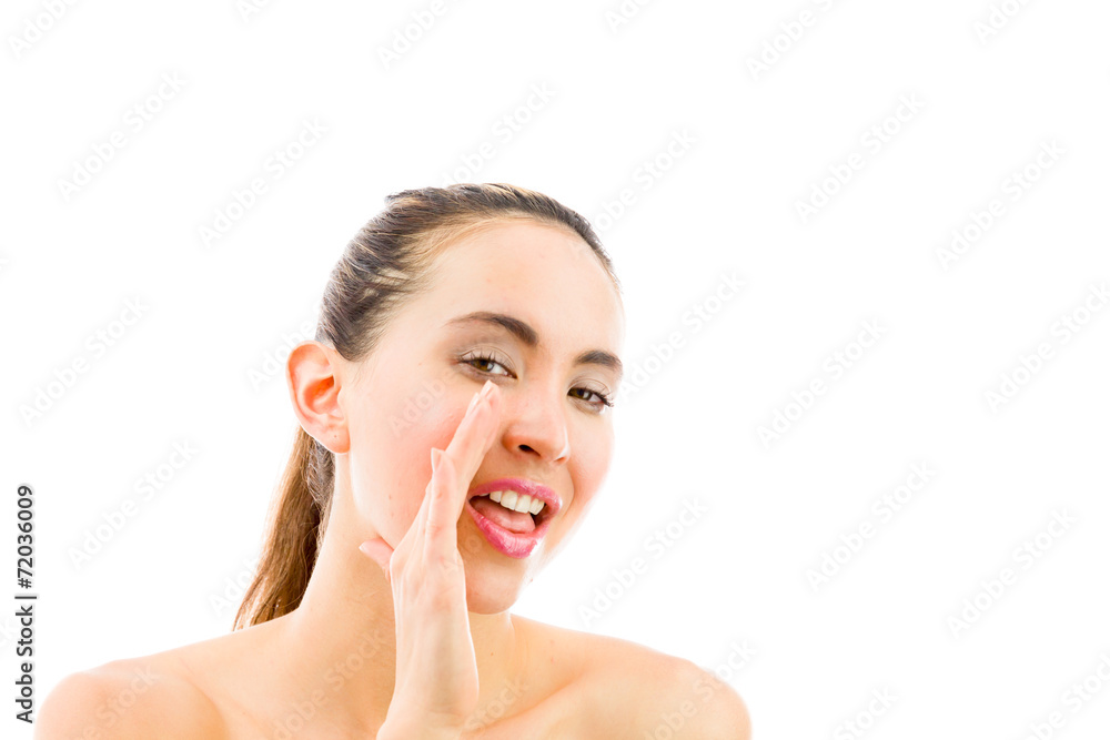 model isolated on plain background calling shouting model isolated on plain background calling shouting