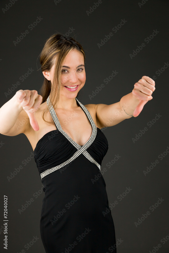 negative model showing thumbs down negative model showing thumbs down