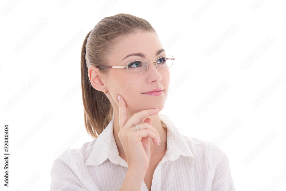 portrait of young beautiful business woman in glasses dreaming i portrait of young beautiful business woman in glasses dreaming i