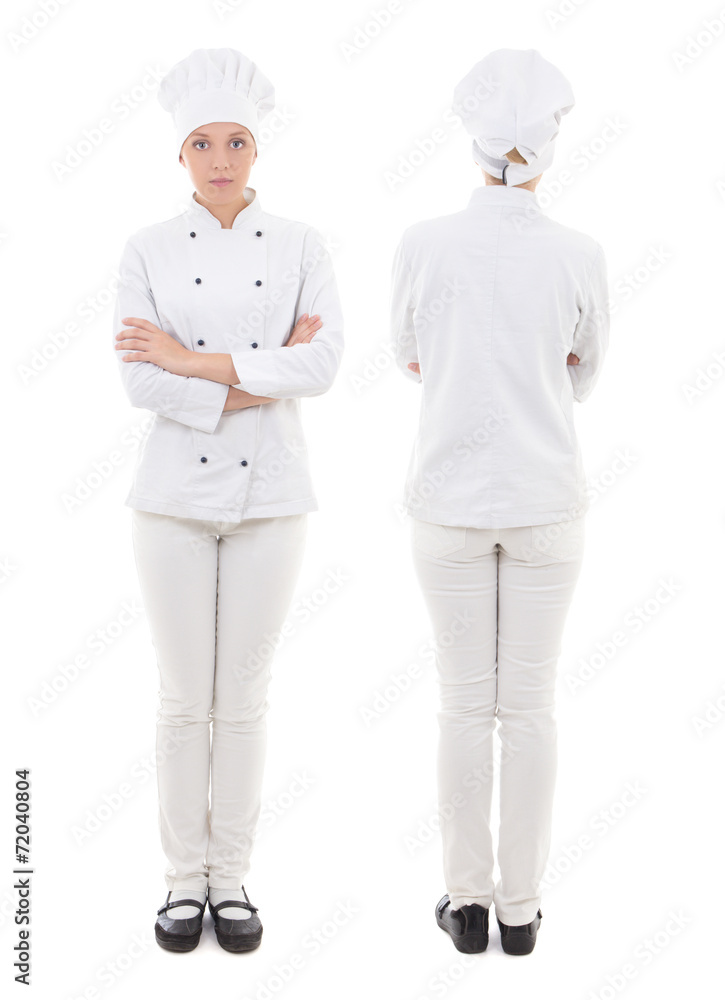 front and back view of young woman in chef uniform isolated on w