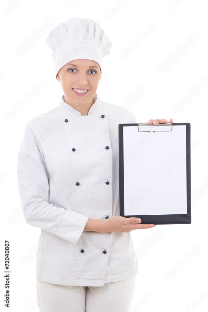 happy young woman in chef uniform holding clipboard with copy sp happy young woman in chef uniform holding clipboard with copy sp