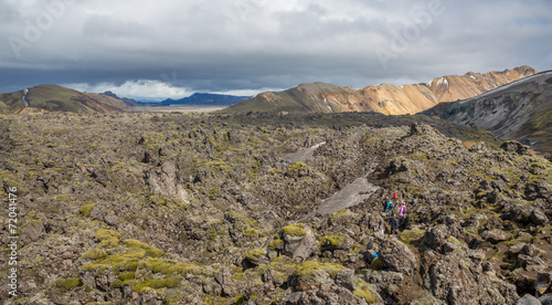 Tourists in Landmannalaugar unbelievable lava landscape, Iceland