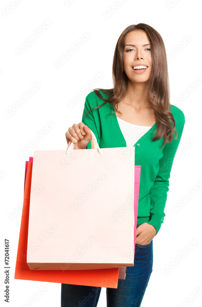 Young happy woman with shopping bags, isolated Young happy woman with shopping bags, isolated