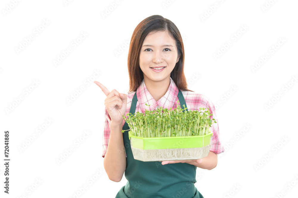 野菜を持つ笑顔の主婦