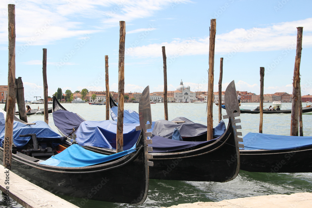 Venetian landscape with gondolas and mooring piles.
