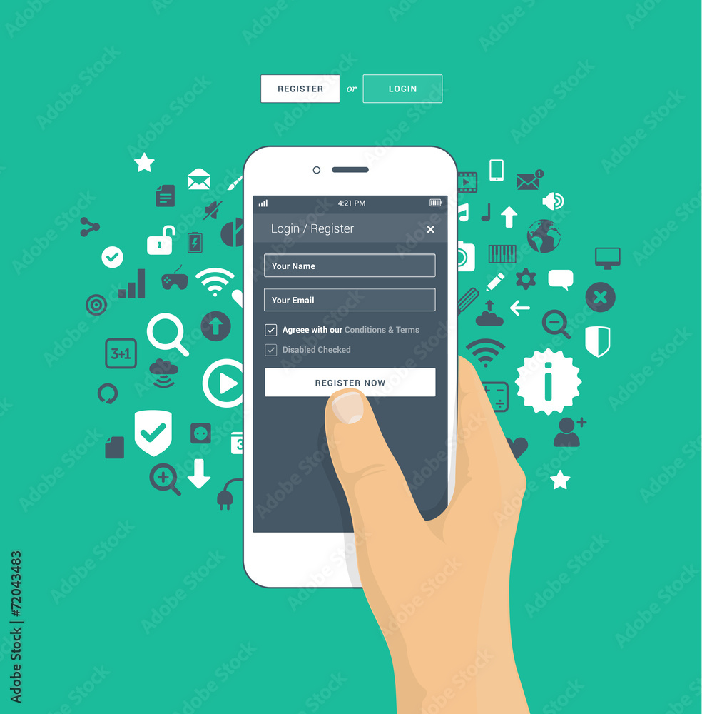 Login / Register screen on mobile phone Login / Register screen on mobile phone