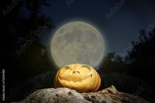 Spooky Halloween pumpkin in moon light on a rock © Onionastudio