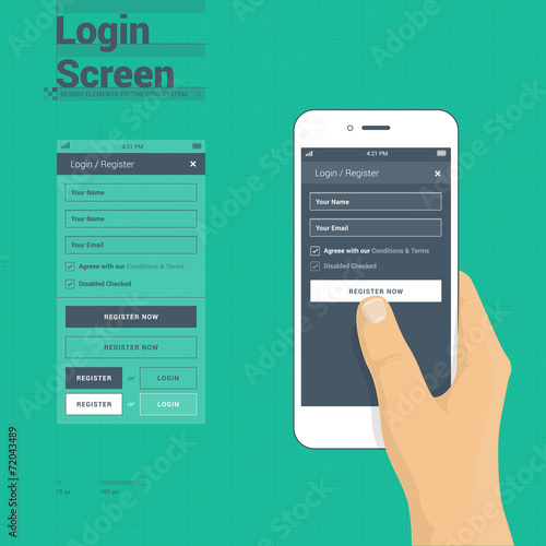 Phone screen mockup on 10 px grid system