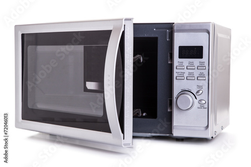 Silver microwave oven with open door