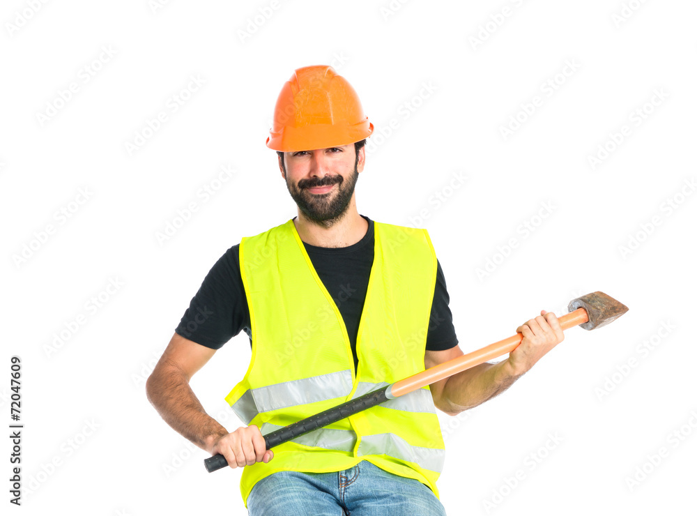 workman with ax over white background workman with ax over white background