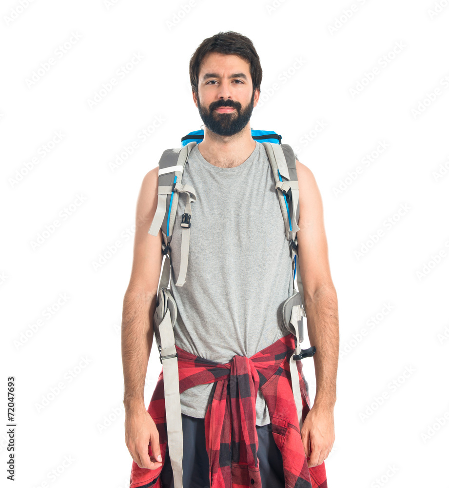 backpacker over isolated white background backpacker over isolated white background