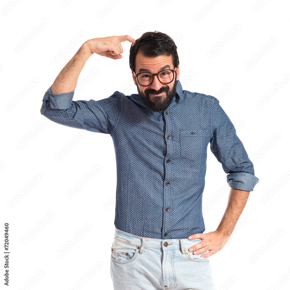 Young hipster man thinking over white background Young hipster man thinking over white background