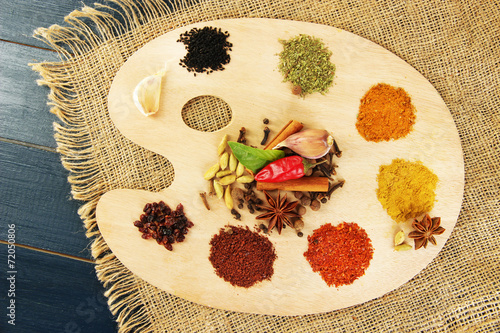 Painting palette with various spices and herbs,