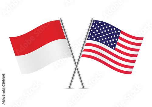 American and Indonesian flags. Vector illustration.