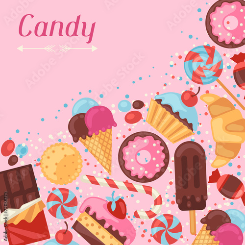 Background with colorful various candy  sweets and cakes.
