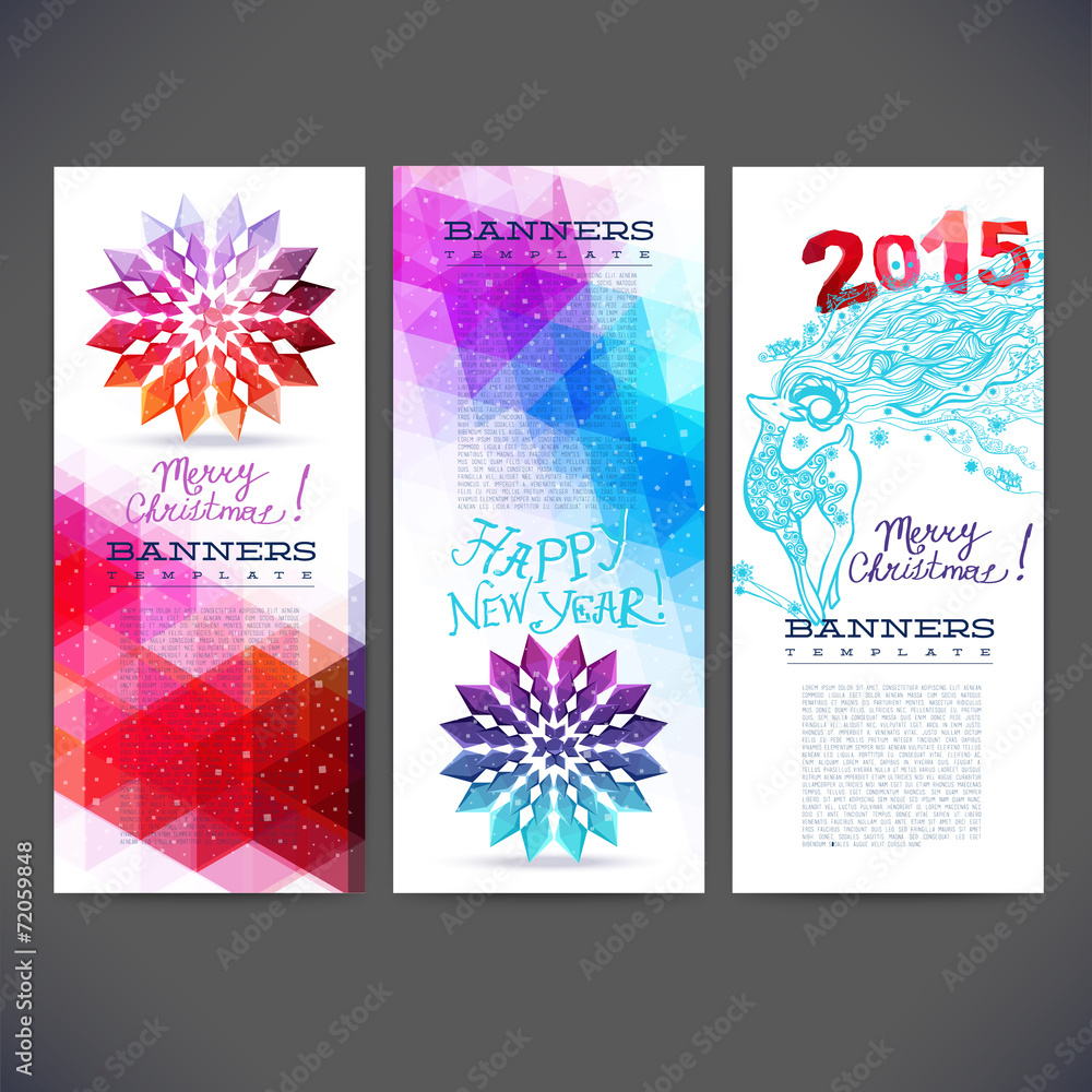 winter banners vector design with colored geometric snowflakes