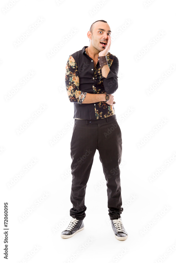 model isolated on plain background calling shouting model isolated on plain background calling shouting