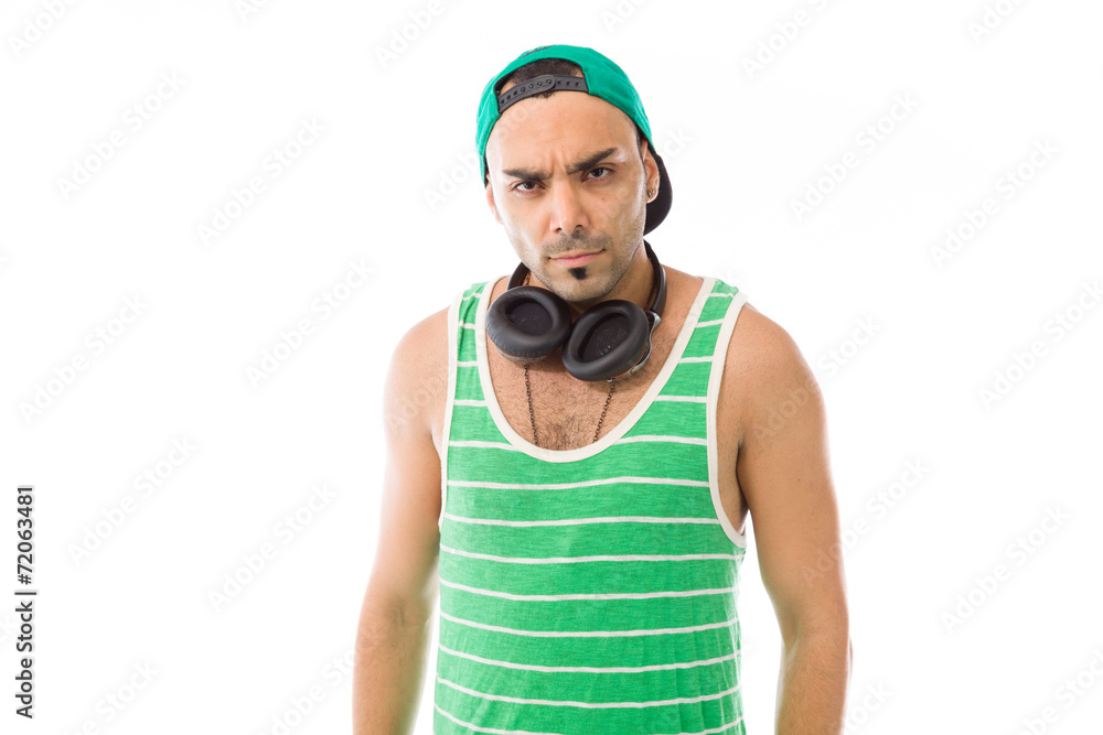 model isolated on plain background upset angry worried